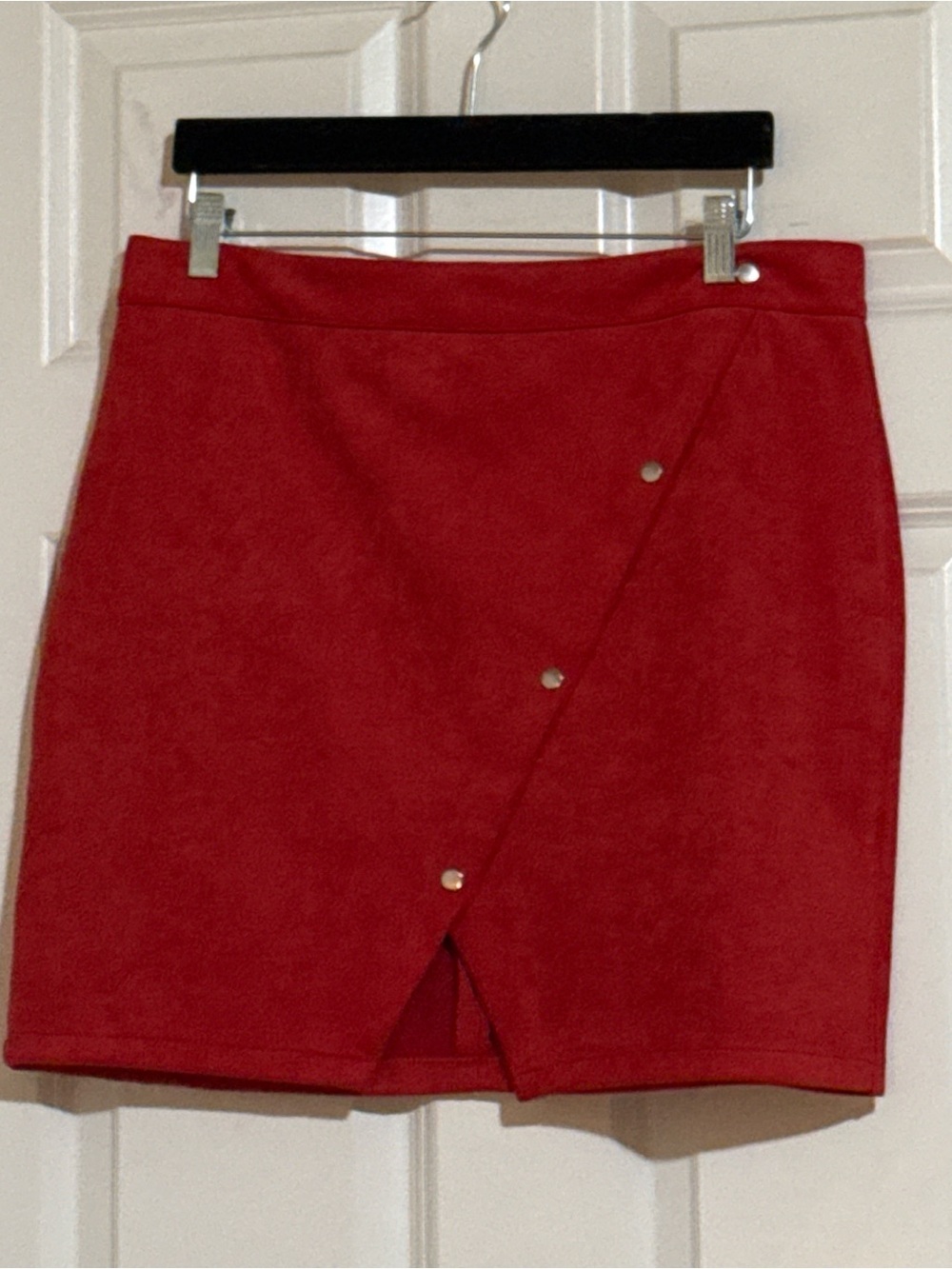 Red Faux-Suede Mini Skirt with Snap-Front Detail